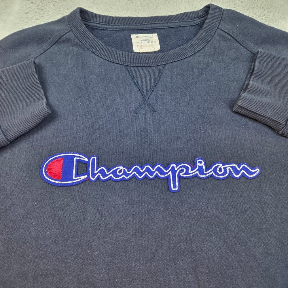 Champion Sweatshirt Mens XL Raglan Script Logo Pullover Fleece Navy Blue